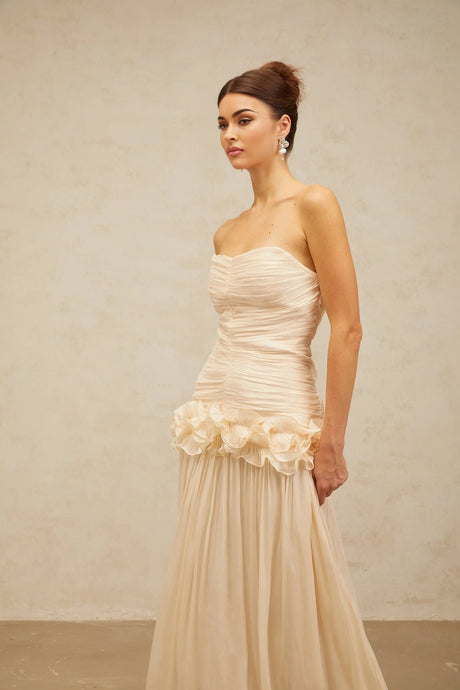 Dakota Maxi Dress Ruffled Pleated Neutral Glitter Strapless & Corset