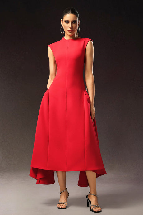 Dakota Red Sleeveless Maxi Dress High Neckline Tailored Silhouette Sophisticated Detailing Flowing Skirt Elegant Versatile Luxurious Fabric