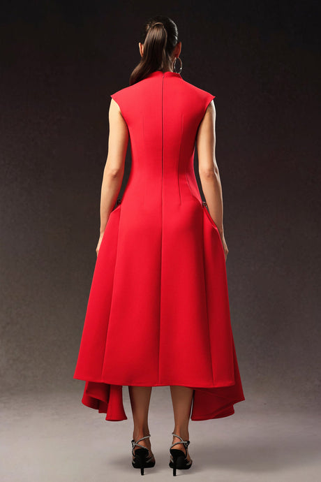 Dakota Red Sleeveless Maxi Dress High Neckline Tailored Silhouette Elegant Sophisticated Flowing Skirt Versatile Luxurious Fabric