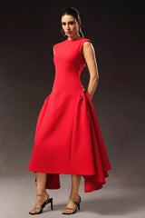 Dakota Red Sleeveless Maxi Dress High Neckline Tailored Silhouette Side Detailing Flowing Skirt Formal Elegant Sophisticated Luxurious Fabric Versatile