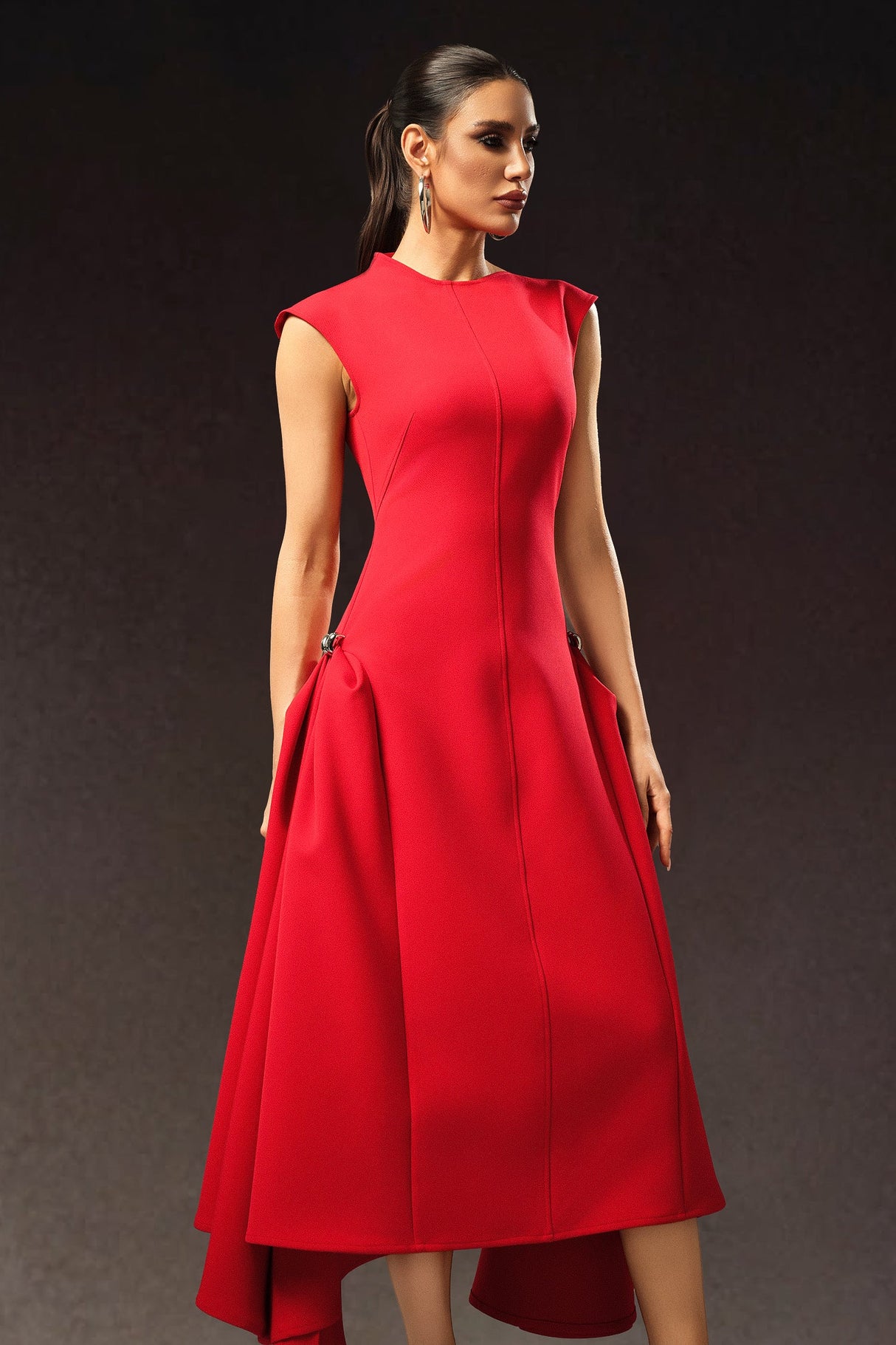 Dakota Red Sleeveless Maxi Dress High Neckline Tailored Silhouette Side Detailing Flowing Skirt Formal Evening Outings Luxurious Fabric Elegant Heels Accessories