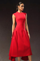 Dakota Red Sleeveless Maxi Dress High Neckline Tailored Silhouette Side Detailing Flowing Skirt Formal Evening Outings Luxurious Fabric Elegant Heels Accessories