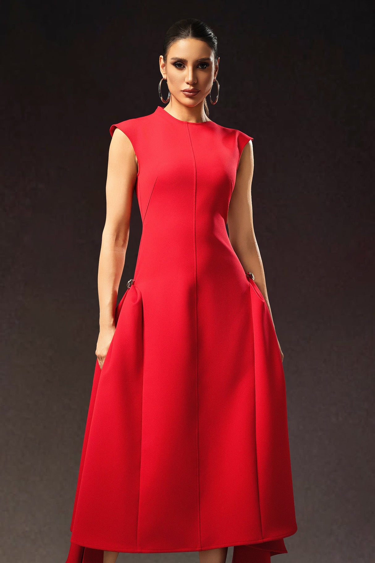 Dakota Red Sleeveless Maxi Dress High Neckline Tailored Silhouette Elegant Sophisticated Flowing Skirt Formal Evening Luxurious Fabric Versatile Stylish Accessories