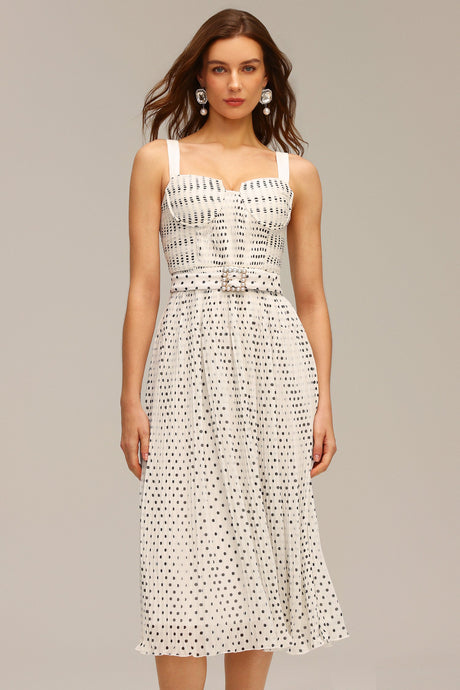 Dakota White Pearl Dot Halter Fit and Flare Midi Dress