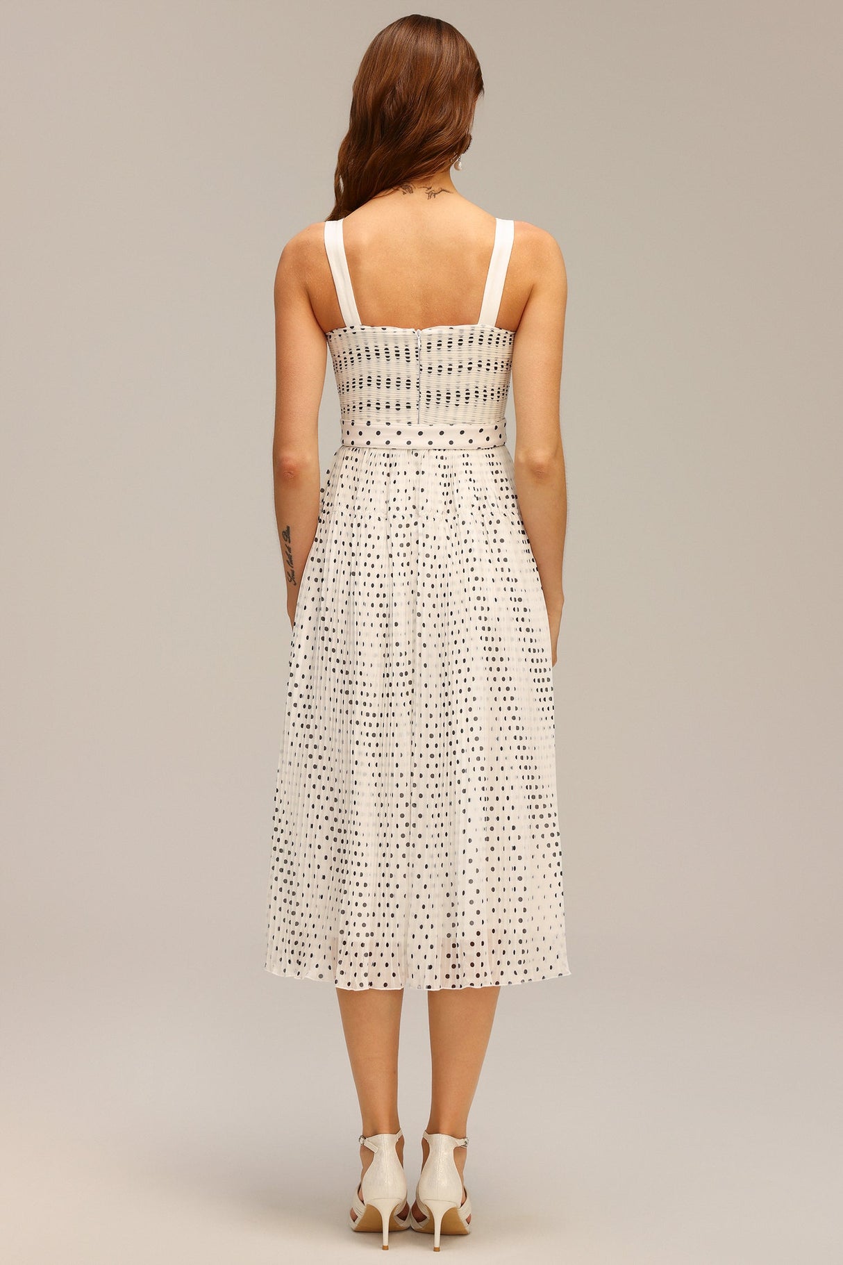 Dakota White Pearl Dot Halter Fit and Flare Midi Dress