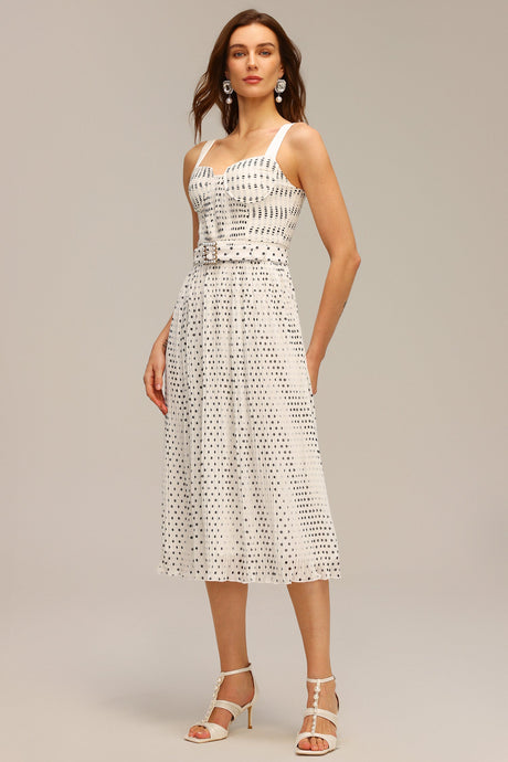 Dakota White Pearl Dot Halter Fit and Flare Midi Dress