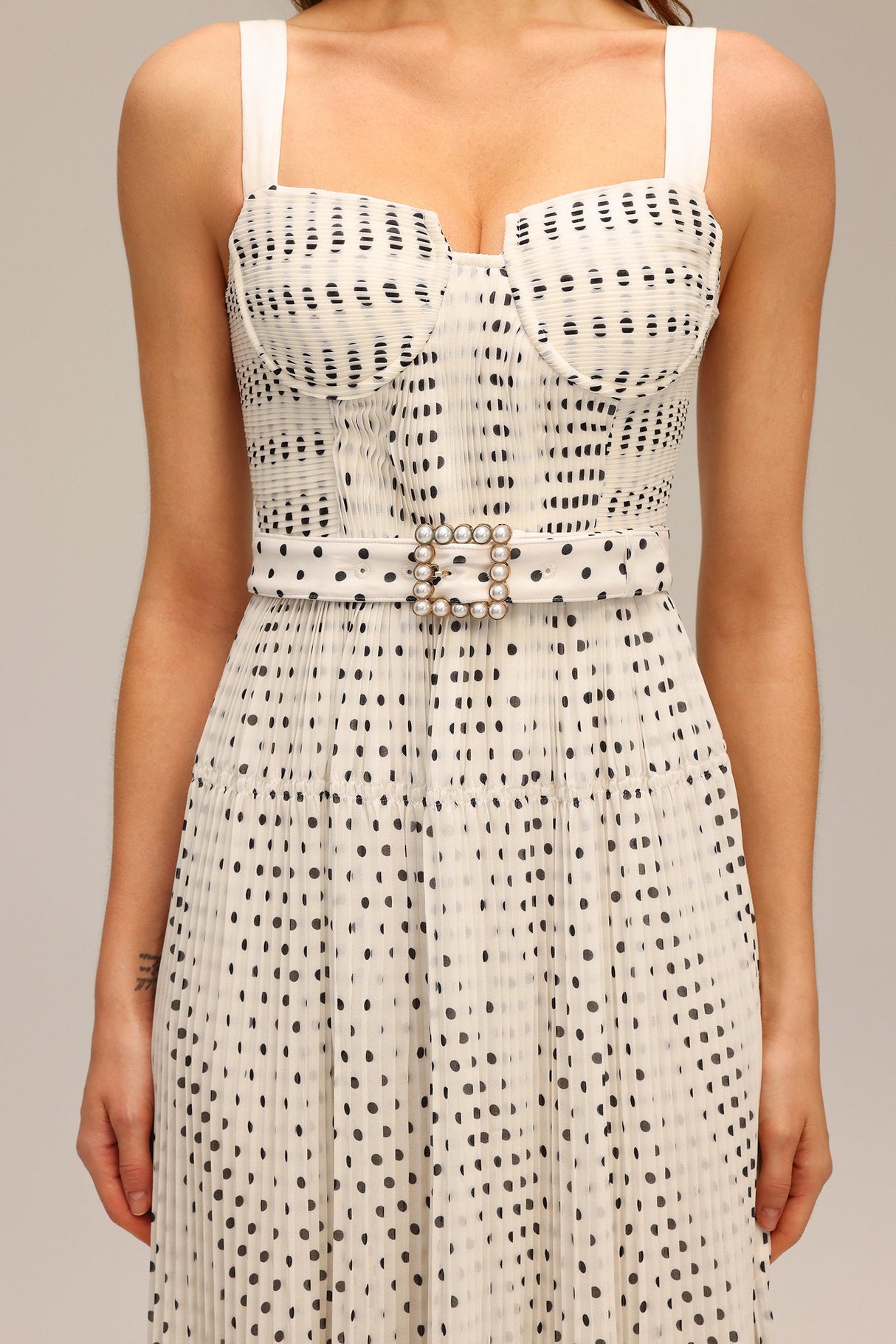 Dakota White Pearl Dot Print Halter Fit and Flare Midi Dress