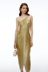 Dalia Gold One Shoulder Asymmetrical Midi Dress