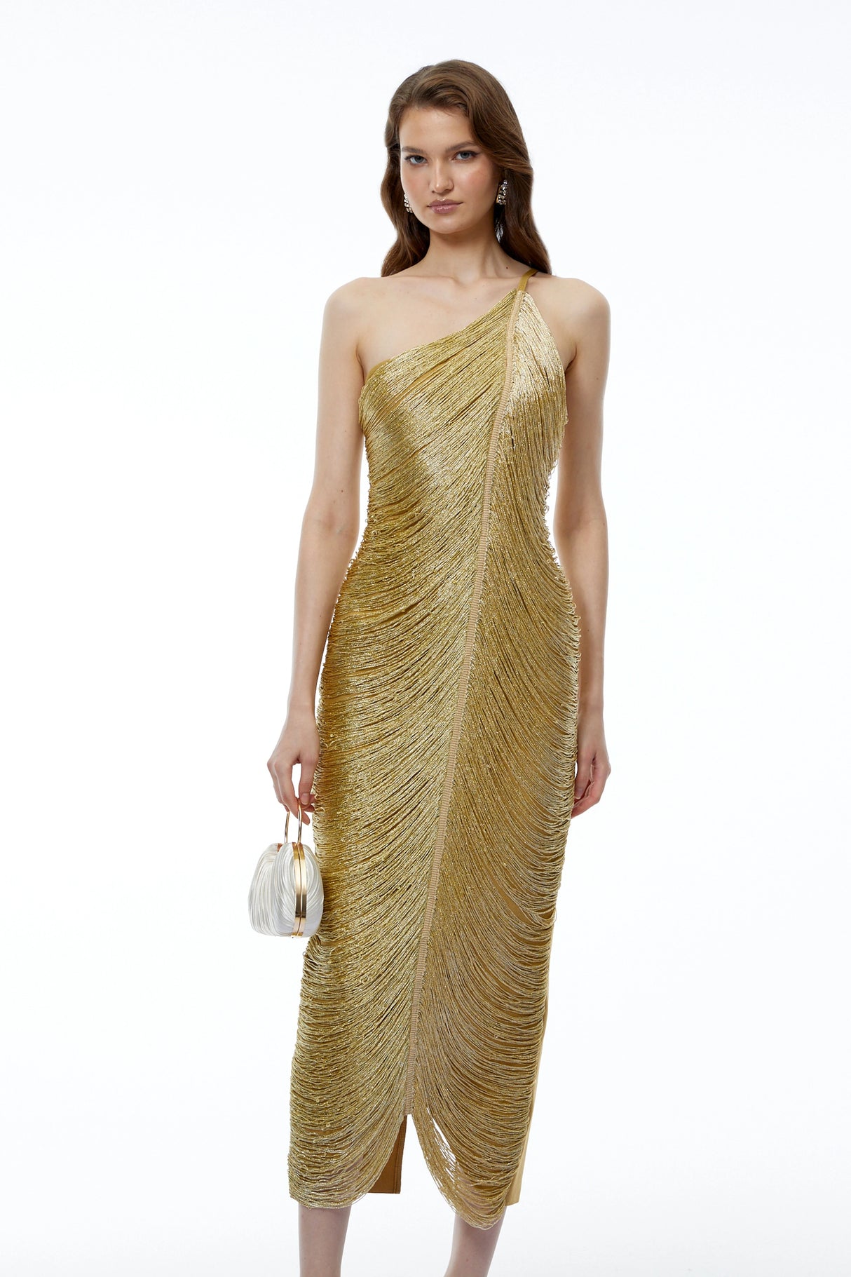 Dalia Gold One Shoulder Asymmetrical Midi Dress