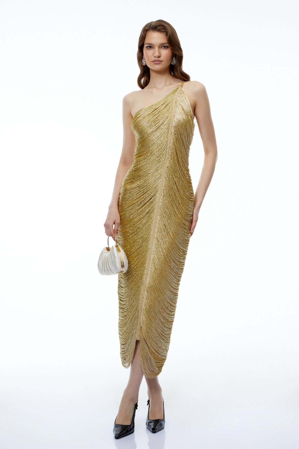 Dalia Gold One Shoulder Asymmetrical Midi Dress