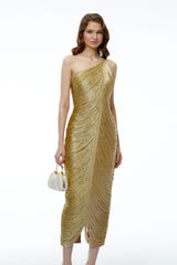 Dalia Gold One Shoulder Asymmetrical Midi Dress
