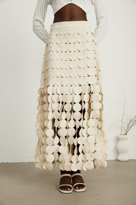 Dallas Maxi Skirt – Fabric Disc Overlay – Fringed Design – Half Lining – Rear Zip – Unique Statement Skirt