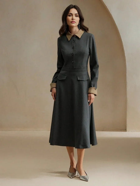 Dallas Midi Dress - Elegant Style - Belted - Button Front - Colorblock - Formal & Evening