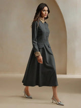 Dallas Midi Dress - Elegant Style - Belted - Button Front - Colorblock - Formal & Evening