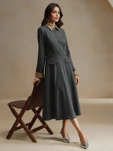 Dallas Midi Dress - Elegant Style - Belted - Button Front - Colorblock - Formal & Evening