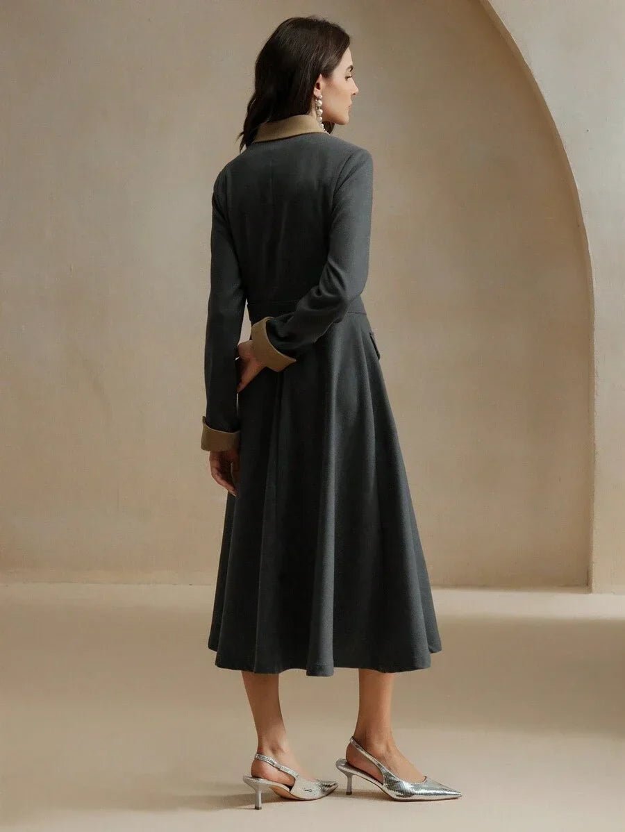 Dallas Midi Dress - Elegant Style - Belted - Button Front - Colorblock - Formal & Evening