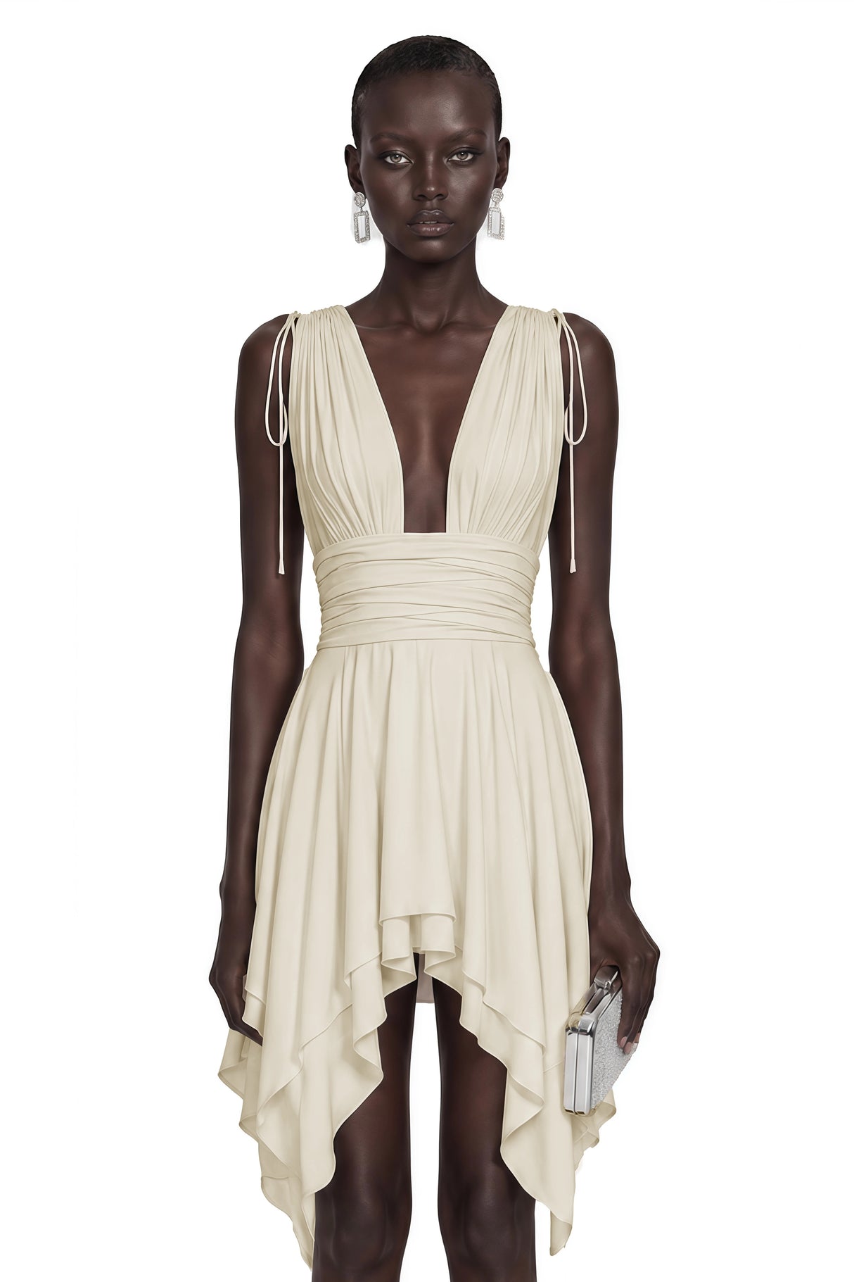 Damla Neutral Asymmetrical Ruched Mini Dress