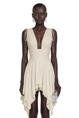 Damla Neutral Asymmetrical Ruched Mini Dress