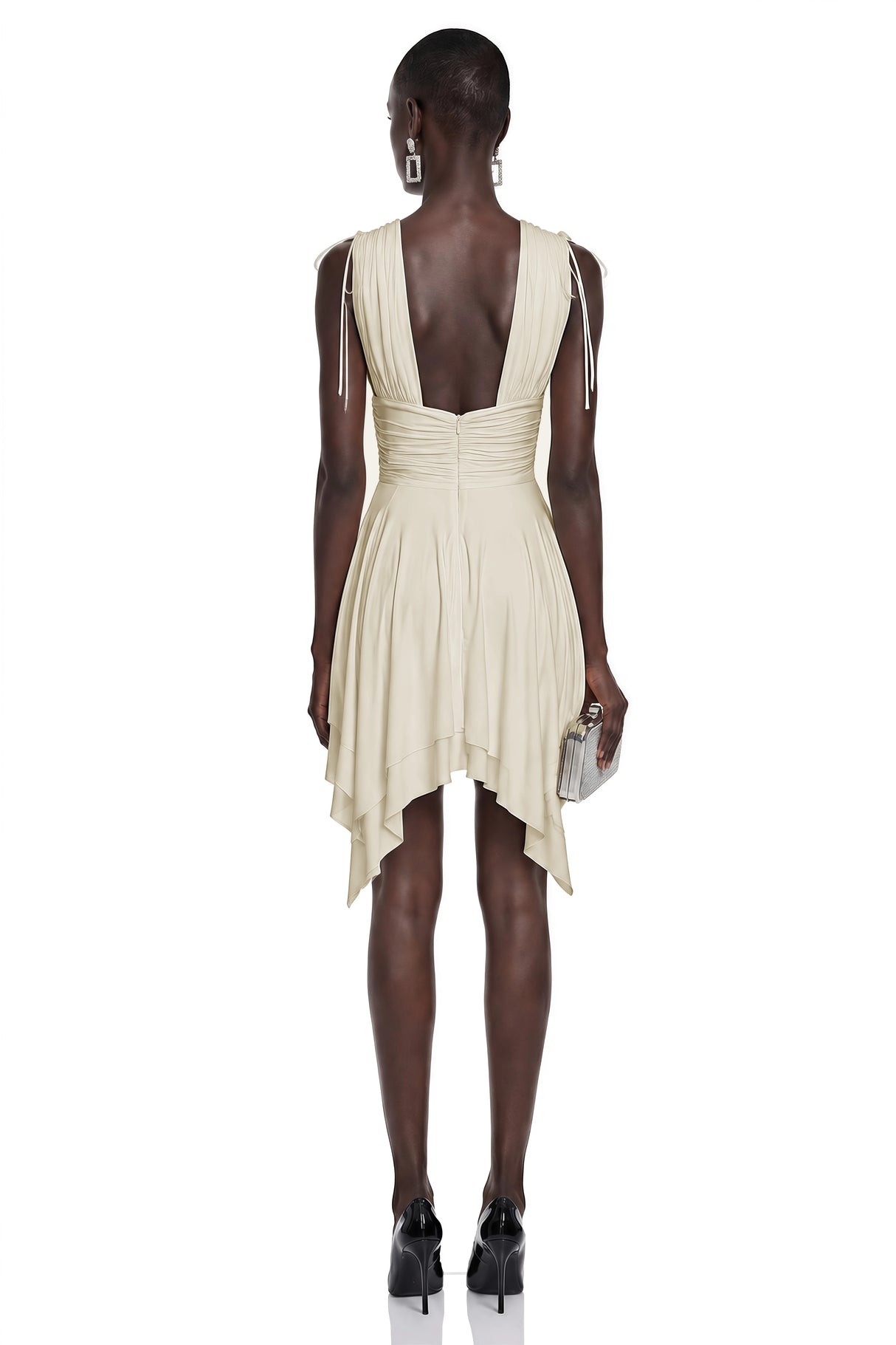 Damla Neutral Asymmetrical Ruched Mini Dress