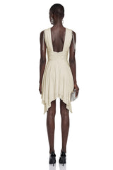Damla Neutral Asymmetrical Ruched Mini Dress