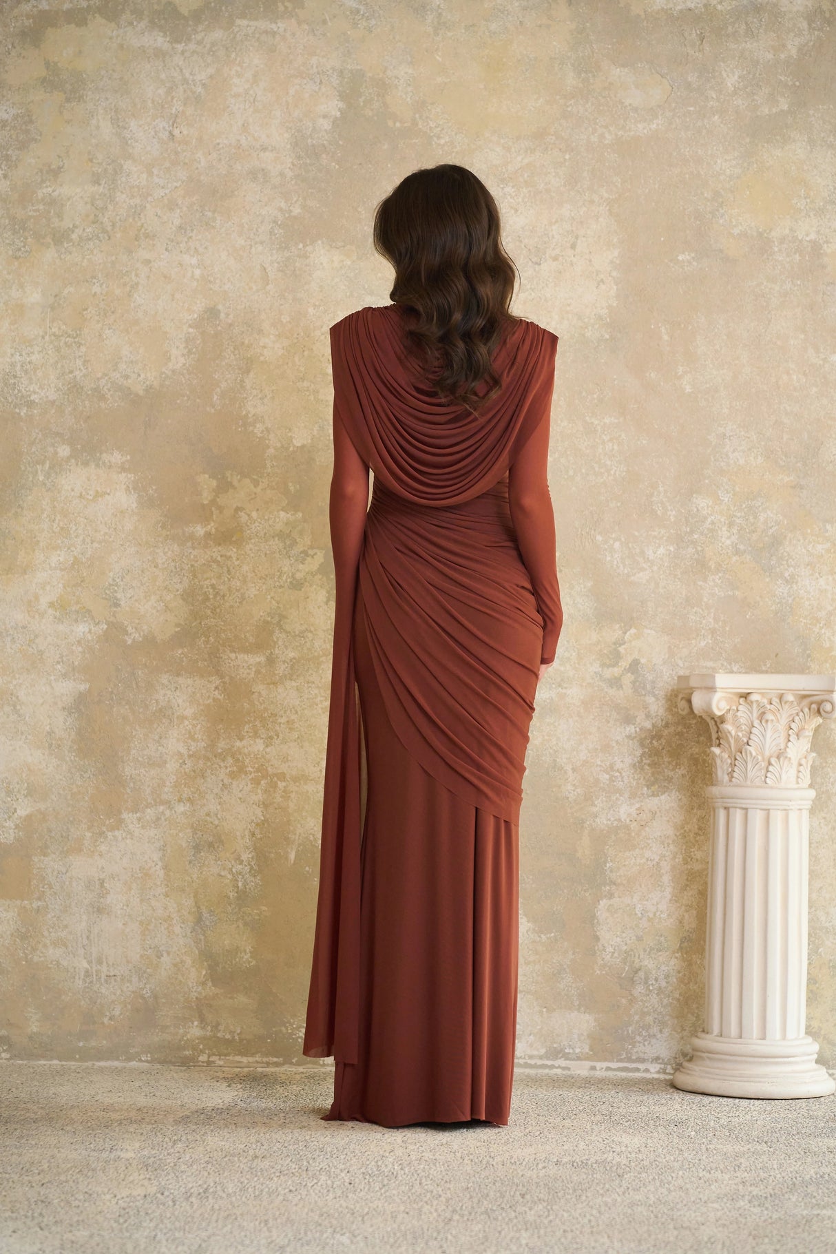 Danaé Brown Shirredeffect Draped Maxi Dress