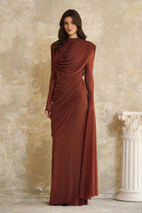 Danaé Brown Shirredeffect Draped Maxi Dress
