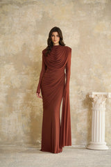 Danaé Brown Shirredeffect Draped Maxi Dress