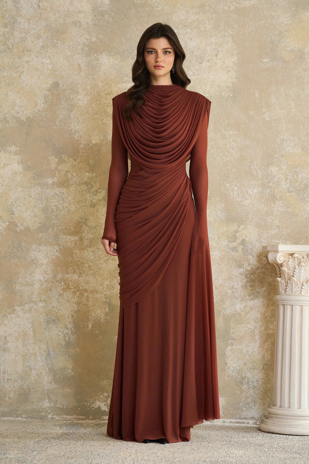 Danaé Brown Shirredeffect Draped Maxi Dress