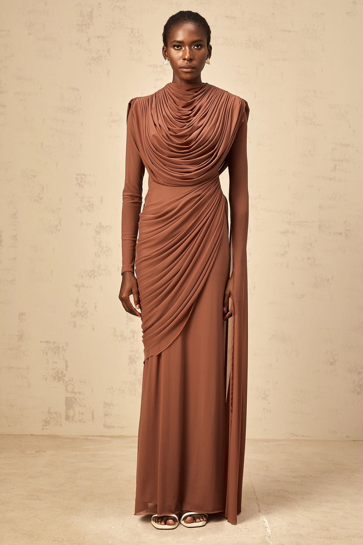 Danaé Brown Shirredeffect Draped Maxi Dress
