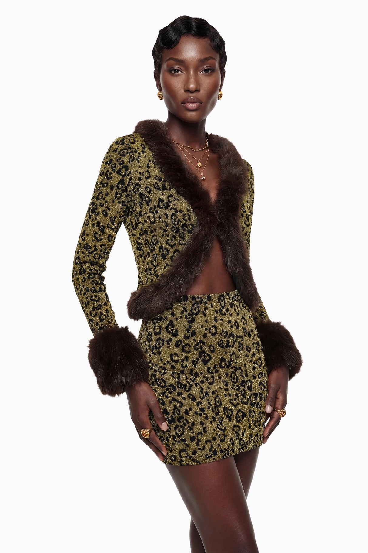 Danica Yellow Fur Trim Leopard Top  Skirt Set