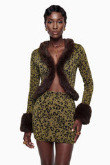 Danica Yellow Fur Trim Leopard Top  Skirt Set