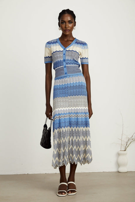 Daniela blue zigzagdesign knit top  skirt matching set
