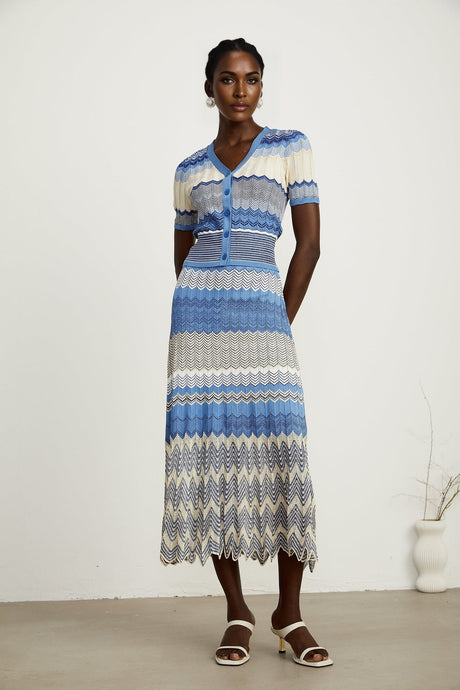 Daniela blue zigzagdesign knit top  skirt matching set