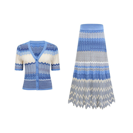 Daniela blue zigzagdesign knit top  skirt matching set
