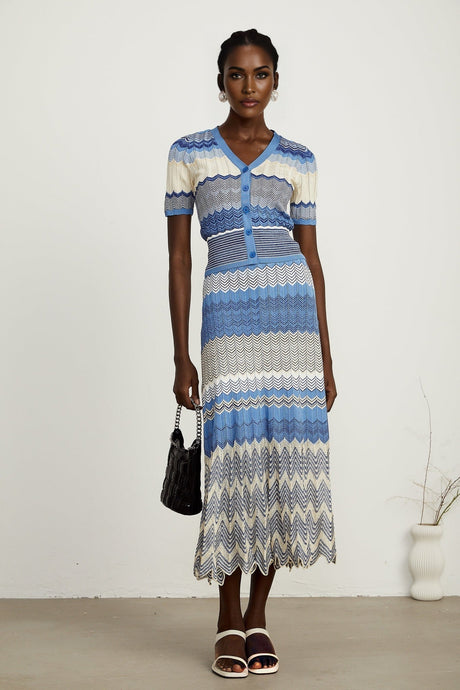 Daniela blue zigzagdesign knit top  skirt matching set