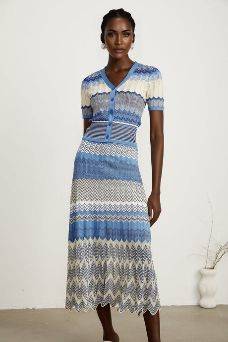 Daniela blue zigzagdesign knit top  skirt matching set
