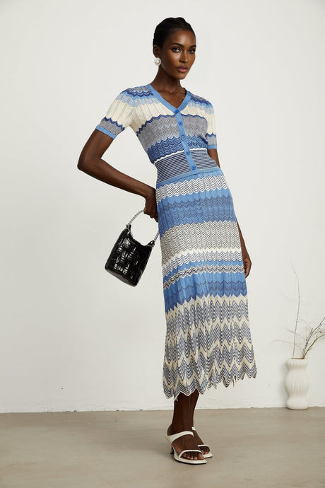 Daniela blue zigzagdesign knit top  skirt matching set