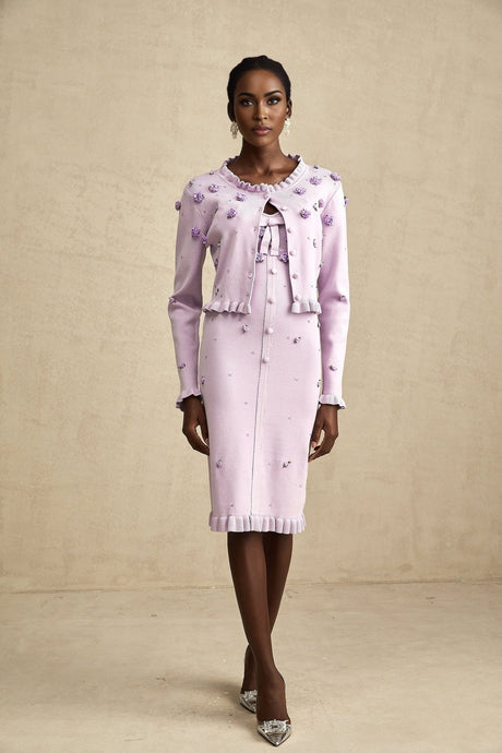 Daniela Cardigan & Dress - Fine Knit - Ruffled Trim - Faux - Flower Design - Cropped & Midi Length