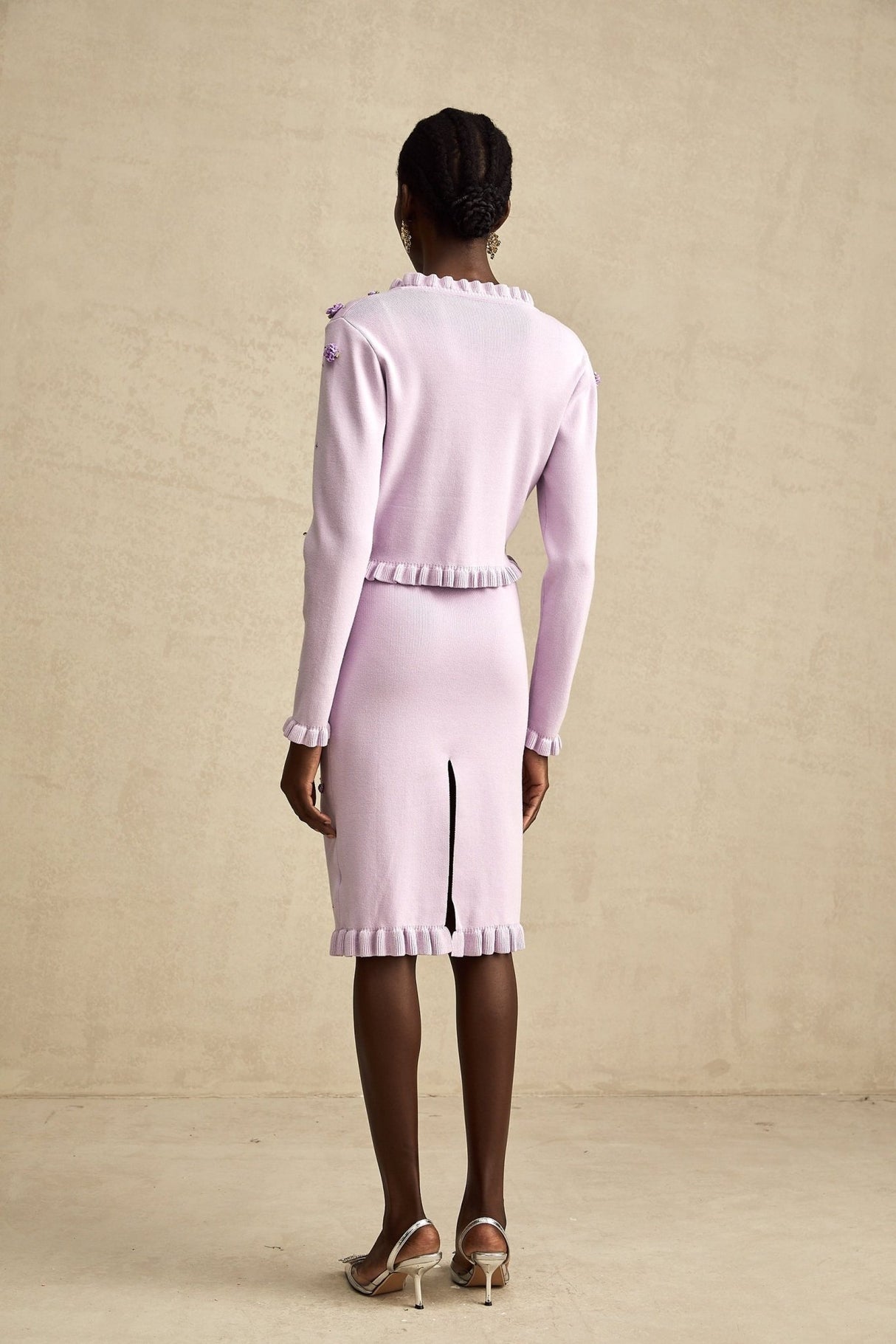 Daniela Cardigan & Dress - Fine Knit - Ruffled Trim - Faux - Flower Design - Cropped & Midi Length