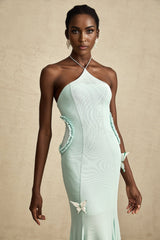 Daniela Maxi Dress - Halterneck Tie - Ruffle Detail - Butterfly Accents - Rear Zip Fastening