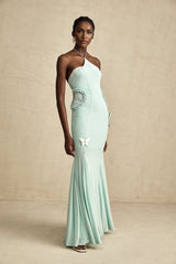 Daniela Maxi Dress - Halterneck Tie - Ruffle Detail - Butterfly Accents - Rear Zip Fastening