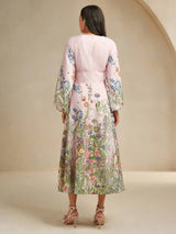 Daniela Midi Dress - Deep V Neck - Bishop Sleeve - Flared Hem - High Waist - A Line