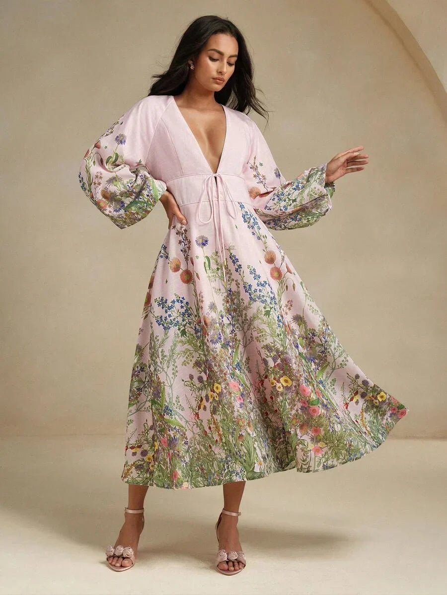 Daniela Midi Dress - Deep V Neck - Bishop Sleeve - Flared Hem - High Waist - A Line