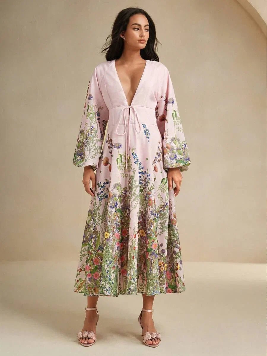 Daniela Midi Dress - Deep V Neck - Bishop Sleeve - Flared Hem - High Waist - A Line