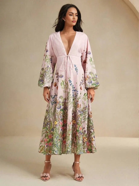Daniela Midi Dress - Deep V Neck - Bishop Sleeve - Flared Hem - High Waist - A Line