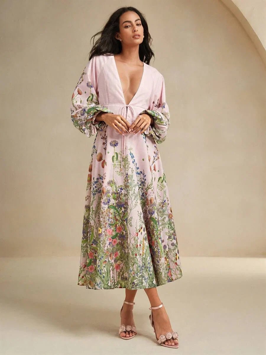 Daniela Midi Dress - Deep V Neck - Bishop Sleeve - Flared Hem - High Waist - A Line