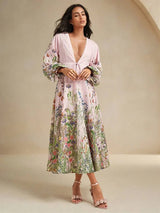Daniela Midi Dress - Deep V Neck - Bishop Sleeve - Flared Hem - High Waist - A Line