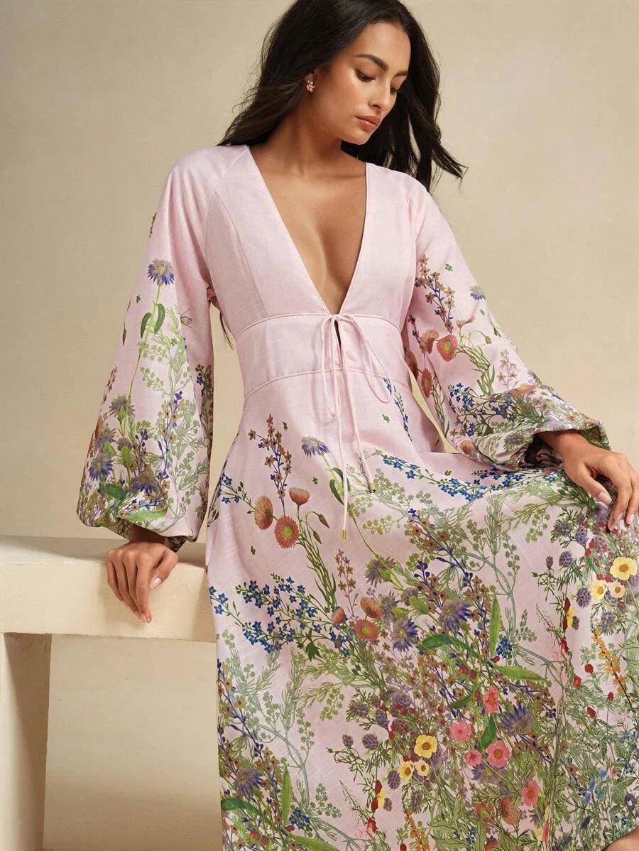 Daniela Midi Dress - Deep V Neck - Bishop Sleeve - Flared Hem - High Waist - A Line