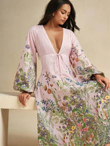 Daniela Midi Dress - Deep V Neck - Bishop Sleeve - Flared Hem - High Waist - A Line