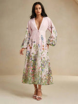 Daniela Midi Dress - Deep V Neck - Bishop Sleeve - Flared Hem - High Waist - A Line